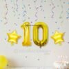 Golden number 10 foil balloon (16 inch) with two golden star balloons (10 inch) for party decoration