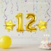 Golden number 12 foil balloon (16 inch) with two golden star balloons (10 inch) for party decoration