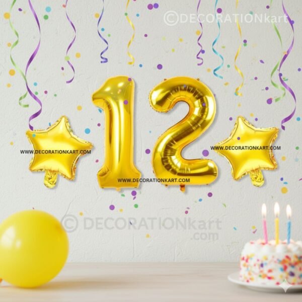 Golden number 12 foil balloon (16 inch) with two golden star balloons (10 inch) for party decoration