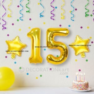 Golden number 15 foil balloon (16 inch) with two golden star balloons (10 inch) for party decoration