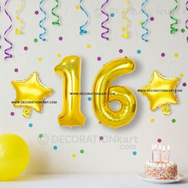 Golden number 16 foil balloon (16 inch) with two golden star balloons (10 inch) for party decoration