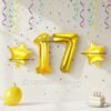 Golden number 17 foil balloon (16 inch) with two golden star balloons (10 inch) for party decoration
