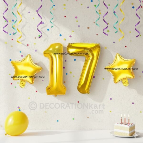 Golden number 17 foil balloon (16 inch) with two golden star balloons (10 inch) for party decoration
