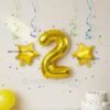 Golden number 2 foil balloon (16 inch) with two golden star balloons (10 inch) for party decoration