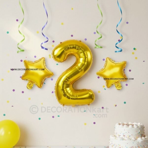 Golden number 2 foil balloon (16 inch) with two golden star balloons (10 inch) for party decoration