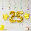 Golden number 25 foil balloon (16 inch) with two golden star balloons (10 inch) for party decoration