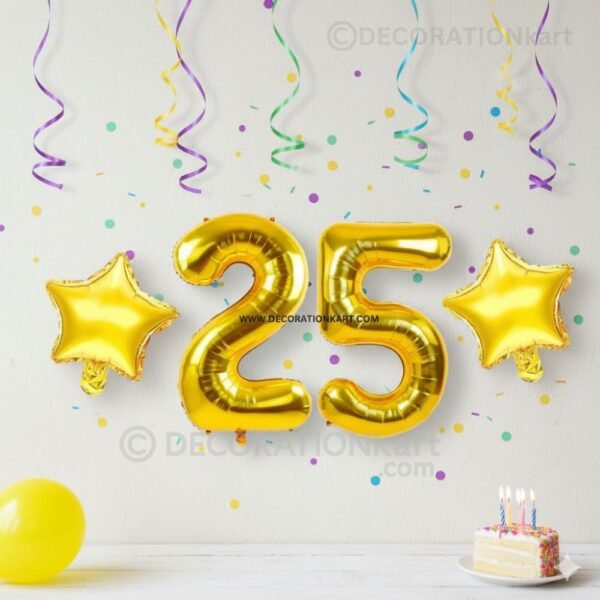 Golden number 25 foil balloon (16 inch) with two golden star balloons (10 inch) for party decoration