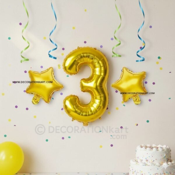 Golden number 3 foil balloon (16 inch) with two golden star balloons (10 inch) for party decoration