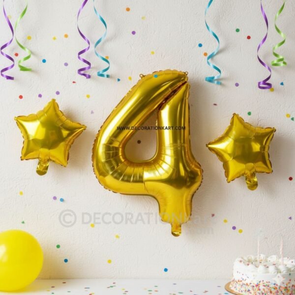 Golden number 4 foil balloon (16 inch) with two golden star balloons (10 inch) for party decoration