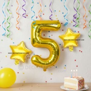 Golden number 5 foil balloon (16 inch) with two golden star balloons (10 inch) for party decoration