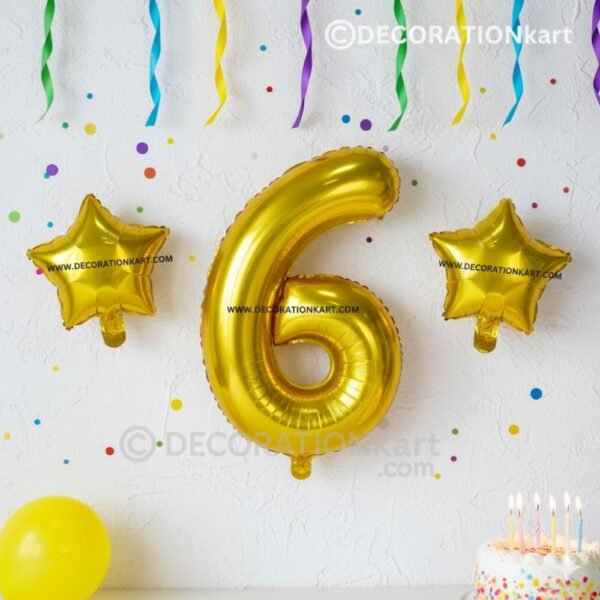 Golden number 6 foil balloon (16 inch) with two golden star balloons (10 inch) for party decoration