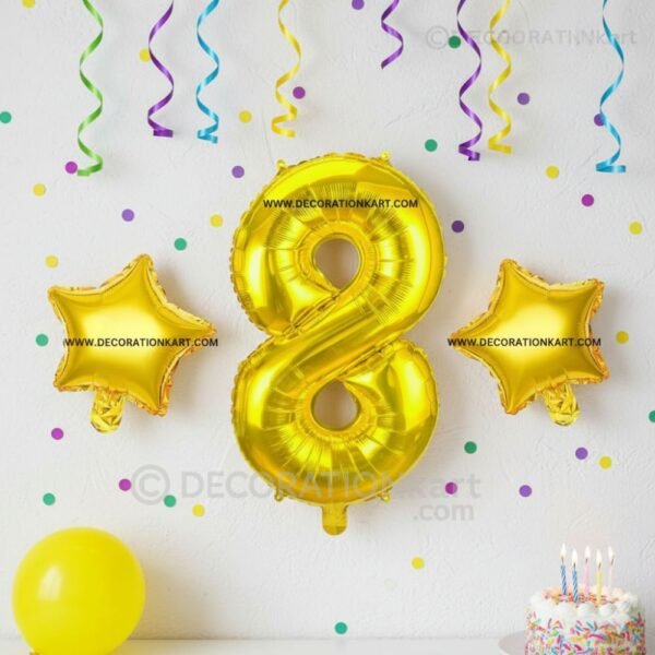 Golden number 8 foil balloon (16 inch) with two golden star balloons (10 inch) for party decoration