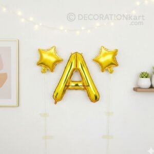 Golden foil balloon combo featuring letter 'A' (16 inch) and two star-shaped balloons (9 inch) for party decoration