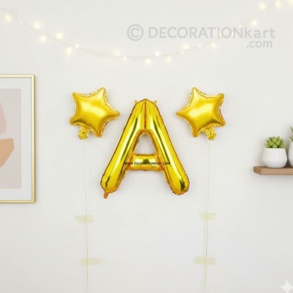 Golden foil balloon combo featuring letter 'A' (16 inch) and two star-shaped balloons (9 inch) for party decoration