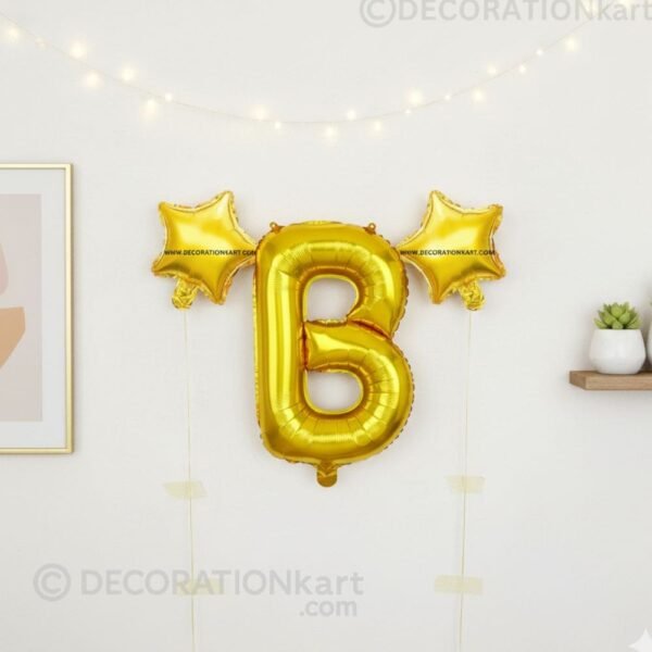 Golden foil balloon combo featuring letter 'B' (16 inch) and two star-shaped balloons (9 inch) for party decoration