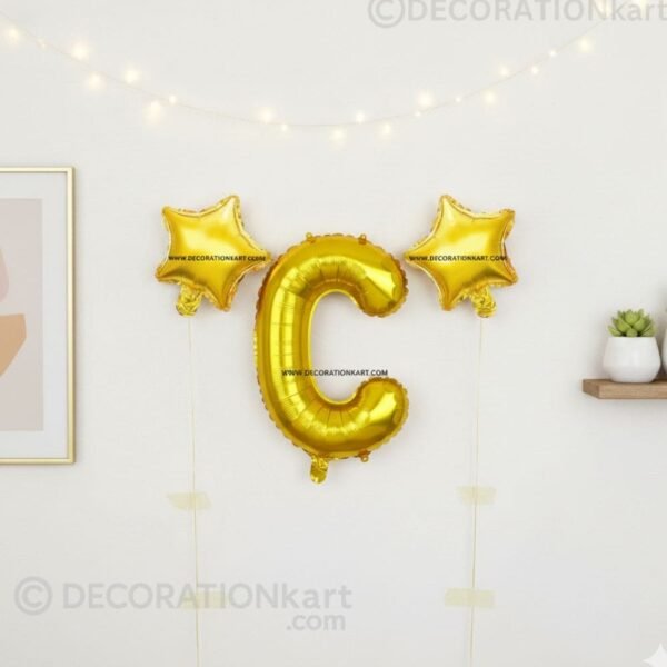 Golden foil balloon combo featuring letter 'C' (16 inch) and two star-shaped balloons (9 inch) for party decoration