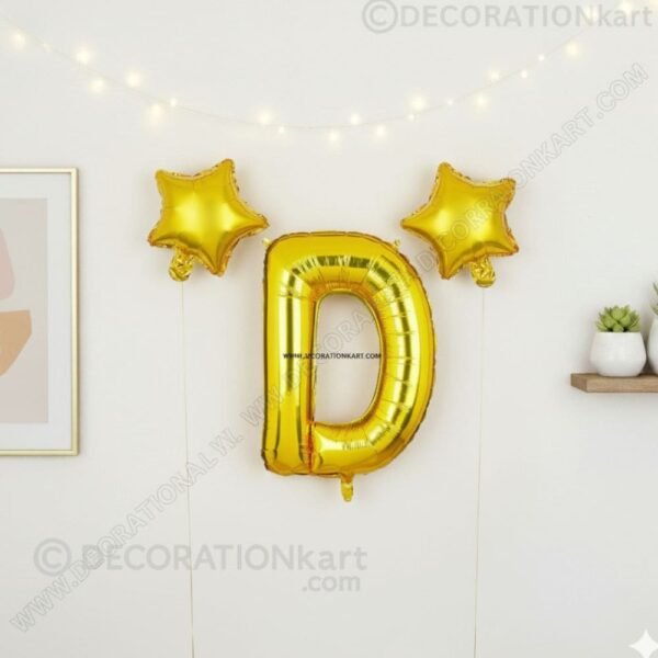 Golden foil balloon combo featuring letter 'D' (16 inch) and two star-shaped balloons (9 inch) for party decoration