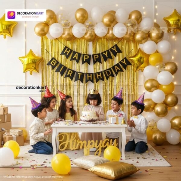 Birthday party setup with DECORATIONkart’s 66 pcs decoration kit featuring a black cardstock “Happy Birthday” banner, golden fringe curtains, metallic balloons in golden, yellow, and white, golden star foils, and DIY accessories.