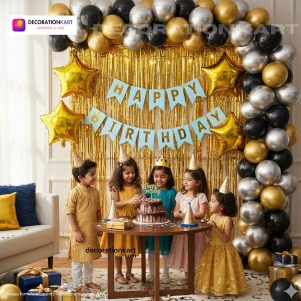 Birthday party setup with DECORATIONkart’s 66 pcs decoration kit featuring a blue cardstock “Happy Birthday” banner, golden fringe curtains, metallic balloons in golden, black, and silver, golden star foils, and DIY accessories.