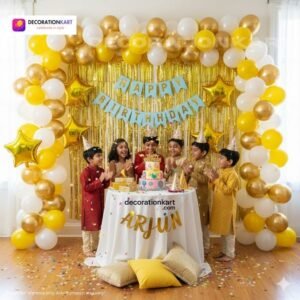 Birthday party setup with DECORATIONkart’s 66 pcs decoration kit featuring a blue cardstock “Happy Birthday” banner, golden fringe curtains, metallic balloons in golden, yellow, and white, golden star foils, and DIY accessories.
