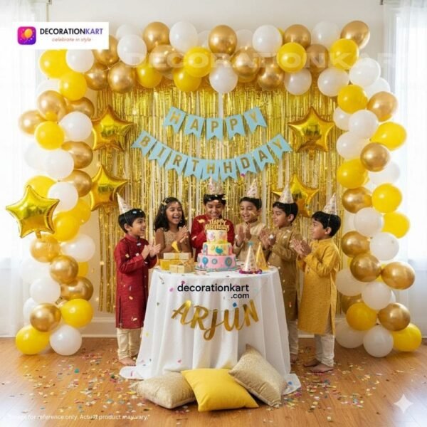 Birthday party setup with DECORATIONkart’s 66 pcs decoration kit featuring a blue cardstock “Happy Birthday” banner, golden fringe curtains, metallic balloons in golden, yellow, and white, golden star foils, and DIY accessories.