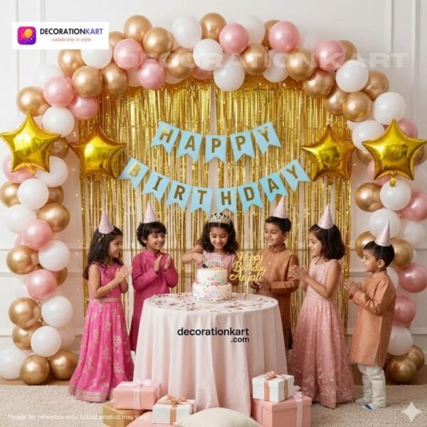 Birthday party setup with DECORATIONkart’s 66 pcs decoration kit featuring a blue cardstock “Happy Birthday” banner, golden fringe curtains, metallic balloons in golden, pink, and white, golden star foils, and DIY accessories.
