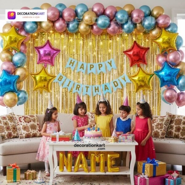 Birthday party setup with DECORATIONkart’s 66 pcs decoration kit featuring a blue cardstock “Happy Birthday” banner, golden fringe curtains, multicolor metallic balloons, star foils in red, blue, golden, and pink, and DIY accessories.