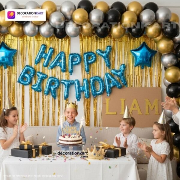 Indian children celebrating a birthday party with DECORATIONkart’s 66 pcs decoration combo set, featuring a blue dotted foil “Happy Birthday” banner, golden fringe curtains, metallic balloons in gold, black, and silver, blue star foil balloons, and DIY accessories.