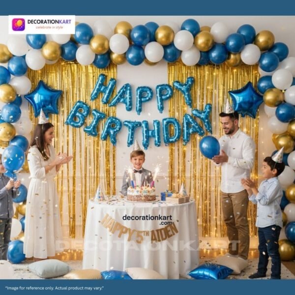 Indian children celebrating a birthday party with DECORATIONkart’s 66 pcs decoration combo set, featuring a blue dotted foil “Happy Birthday” banner, golden fringe curtains, metallic balloons in gold, blue, and white, blue star foil balloons, and DIY accessories.