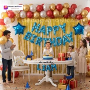 Indian children celebrating a birthday party with DECORATIONkart’s 66 pcs decoration combo set, featuring a blue dotted foil “Happy Birthday” banner, golden fringe curtains, metallic balloons in gold, red, and white, blue star foil balloons, and DIY accessories