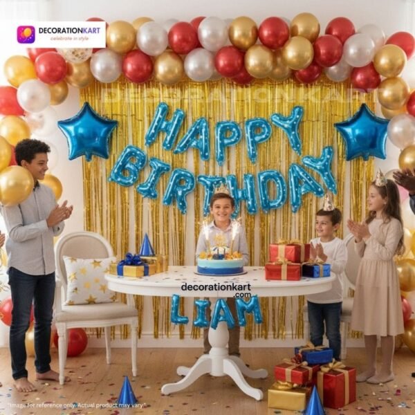 Indian children celebrating a birthday party with DECORATIONkart’s 66 pcs decoration combo set, featuring a blue dotted foil “Happy Birthday” banner, golden fringe curtains, metallic balloons in gold, red, and white, blue star foil balloons, and DIY accessories