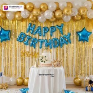 Indian children celebrating a birthday party with DECORATIONkart’s 66 pcs decoration combo set, featuring a blue dotted foil “Happy Birthday” banner, golden fringe curtains, metallic balloons in gold, yellow, and white, blue star foil balloons, and DIY accessories.