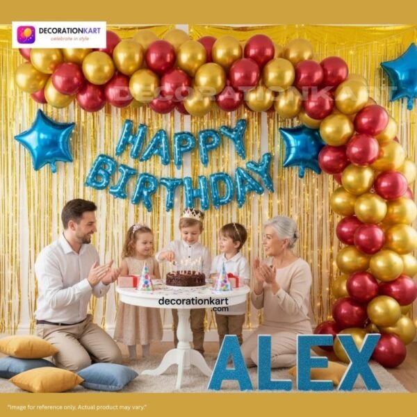 Indian children celebrating a birthday party with DECORATIONkart’s 66 pcs decoration combo set, featuring a blue dotted foil “Happy Birthday” banner, golden fringe curtains, metallic balloons in gold, yellow, and red, blue star foil balloons, and DIY accessories