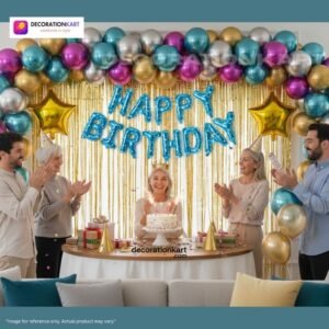 Indian children celebrating a birthday party with DECORATIONkart’s 66 pcs decoration combo set, featuring a blue dotted foil “Happy Birthday” banner, golden fringe curtains, multicolor metallic balloons including yellow, red, and blue, multicolor star foil balloons, and DIY accessories.