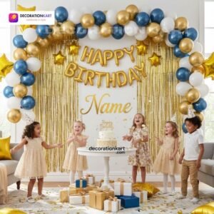 Indian children celebrating a birthday party with DECORATIONkart’s 66 pcs decoration combo set, featuring a golden foil “Happy Birthday” banner, golden fringe curtains, metallic balloons in gold, blue, and white, golden star foil balloons, and DIY accessories.