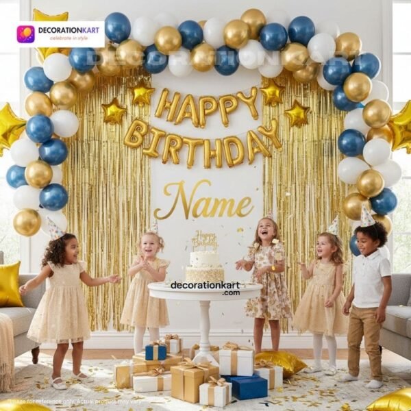 Indian children celebrating a birthday party with DECORATIONkart’s 66 pcs decoration combo set, featuring a golden foil “Happy Birthday” banner, golden fringe curtains, metallic balloons in gold, blue, and white, golden star foil balloons, and DIY accessories.