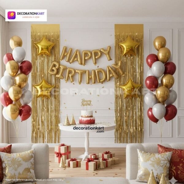 Indian children celebrating a birthday party with DECORATIONkart’s 66 pcs decoration combo set, featuring a golden foil “Happy Birthday” banner, golden fringe curtains, metallic balloons in gold, red, and white, golden star foil balloons, and DIY accessories.