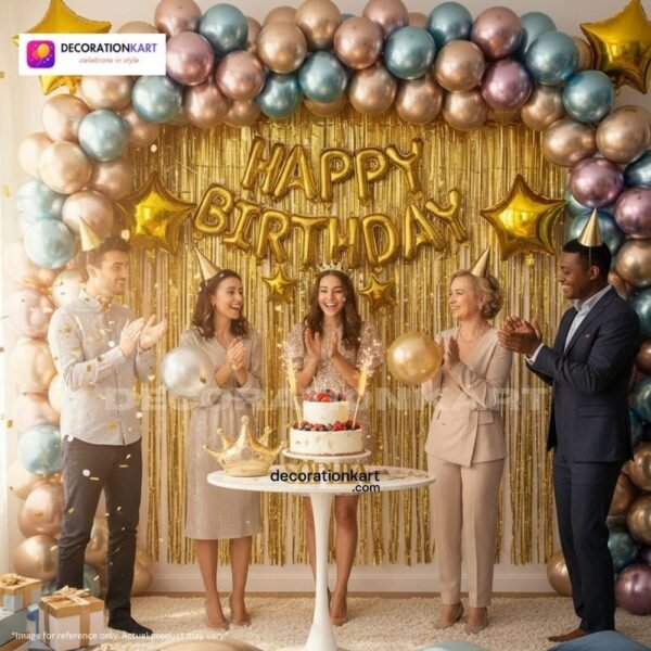 Indian children celebrating a birthday party with DECORATIONkart’s 66 pcs decoration combo set, featuring a golden foil “Happy Birthday” banner, golden fringe curtains, multicolor metallic balloons, star foil balloons in red, blue, golden, and pink, and DIY accessories.