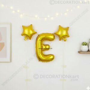 Golden foil balloon combo featuring letter 'E' (16 inch) and two star-shaped balloons (9 inch) for party decoration