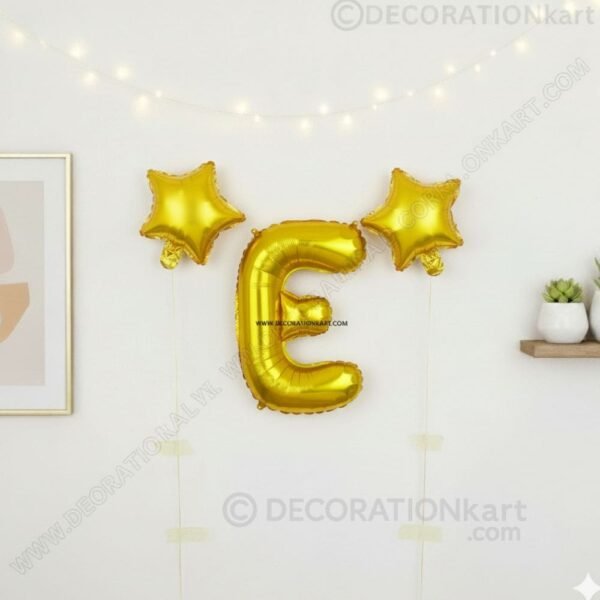 Golden foil balloon combo featuring letter 'E' (16 inch) and two star-shaped balloons (9 inch) for party decoration