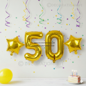 Golden number 50 foil balloon (16 inch) with two golden star balloons (10 inch) for party decoration