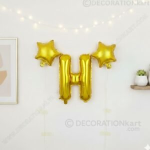 Golden foil balloon combo featuring letter 'H' (16 inch) and two star-shaped balloons (9 inch) for party decoration