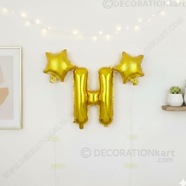 Golden foil balloon combo featuring letter 'H' (16 inch) and two star-shaped balloons (9 inch) for party decoration