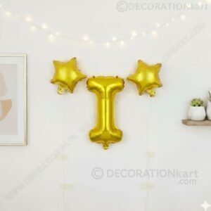 Golden foil balloon combo featuring letter 'I' (16 inch) and two star-shaped balloons (9 inch) for party decoration