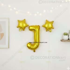 Golden foil balloon combo featuring letter 'J' (16 inch) and two star-shaped balloons (9 inch) for party decoration