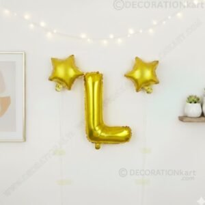 Golden foil balloon combo featuring letter 'L' (16 inch) and two star-shaped balloons (9 inch) for party decoration