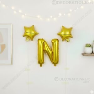 Golden foil balloon combo featuring letter 'N' (16 inch) and two star-shaped balloons (9 inch) for party decoration