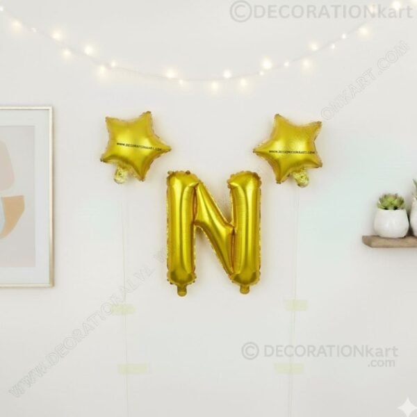 Golden foil balloon combo featuring letter 'N' (16 inch) and two star-shaped balloons (9 inch) for party decoration