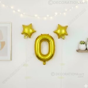 Golden foil balloon combo featuring letter 'O' (16 inch) and two star-shaped balloons (9 inch) for party decoration