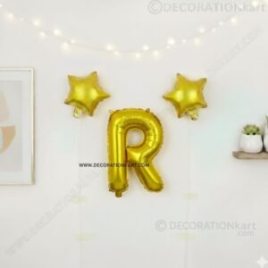 Golden foil balloon combo featuring letter 'R' (16 inch) and two star-shaped balloons (9 inch) for party decoration